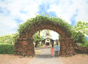 two people walking under arch topped with vines with church in background