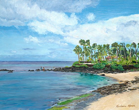 Painting of beach on tropical island