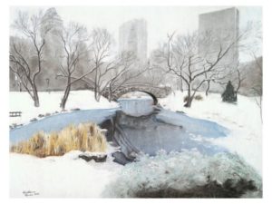 park with snow-covered ground in foreground, pond and bridge behind it and tall buildings in distance groind