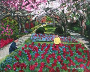 two small boys in rose garden