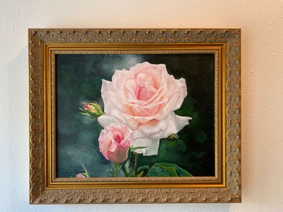 framed painting of pink and white rose