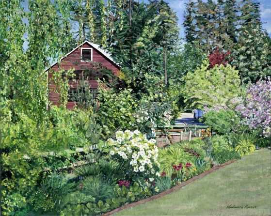 Barn situated among trees and flowers