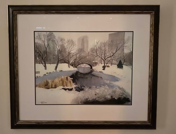 framed painting of winter scene in park