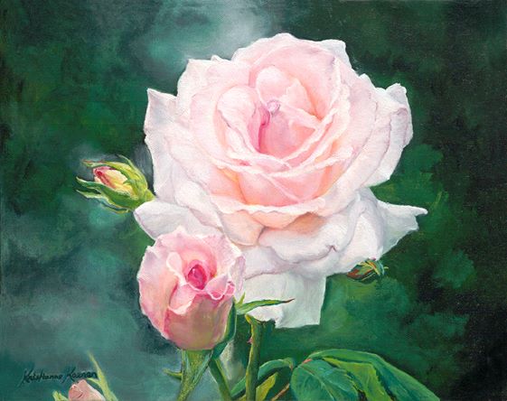Painting of pink and white rose with green background