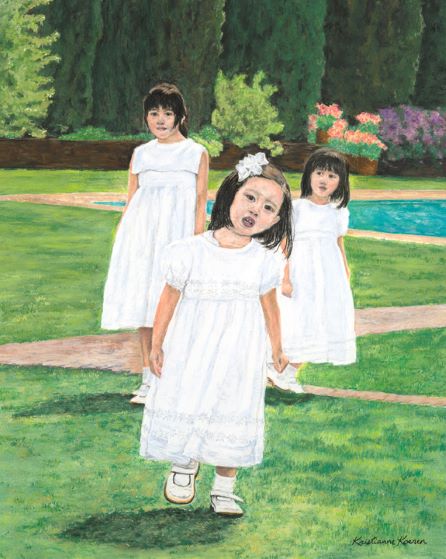 Three girls in white dresses in a park