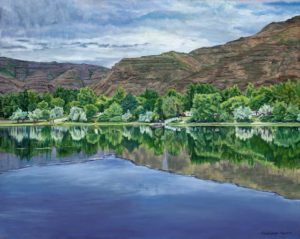 Painting of deep blue river, green trees and brown hillss and