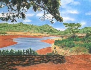 Painting of winding river flowing through orange-red earth among green treesg
