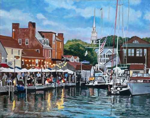 Painting of Bowen's Wharf in Newport at sunset with boats and people in outdoor restaurant