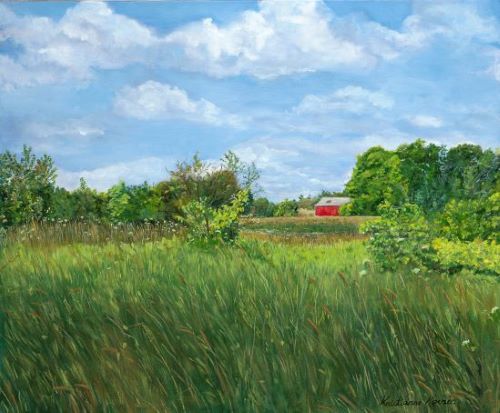 Green field with trees and red barn in distance